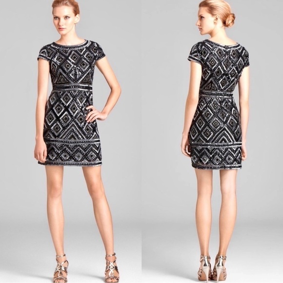 ADRIANNA PAPELL BEADED SEQUIN DIAMOND GEOMETRIC CAP SLEEVE SHEATH COCKTAIL DRESS - Picture 1 of 16